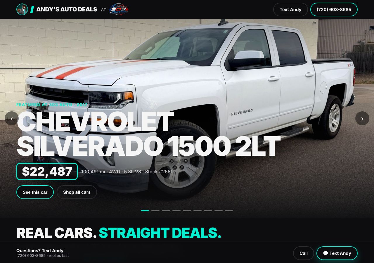 Andy's Auto Deals inventory website on desktop